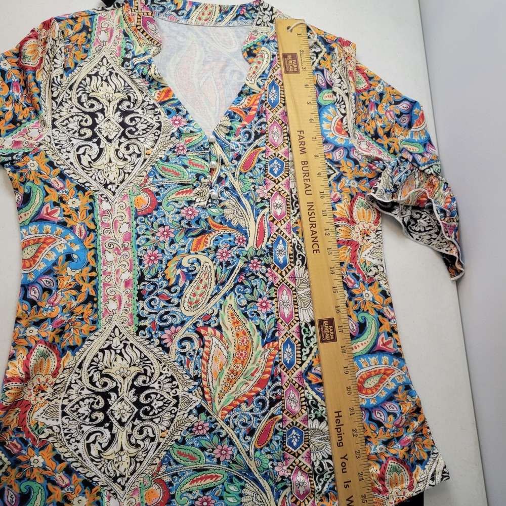 BOHO Paisley Print Ruffle Bell Sleeve Pearl Button Split Neck Top Sz Med NEW - Picture 6 of 14